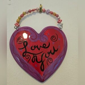 “Love You” Heart Wall Hanging Beaded Accent | Whimsical Folk Art Decor